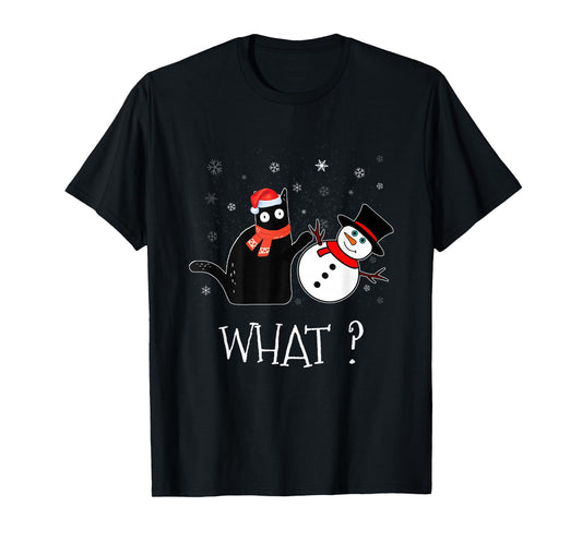 Funny Black cat Pushing Snowman Christmas Winter Costume T-Shirt