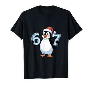 Penguin with Santa Hat Holding 67 Ice Numbers Christmas T-Shirt
