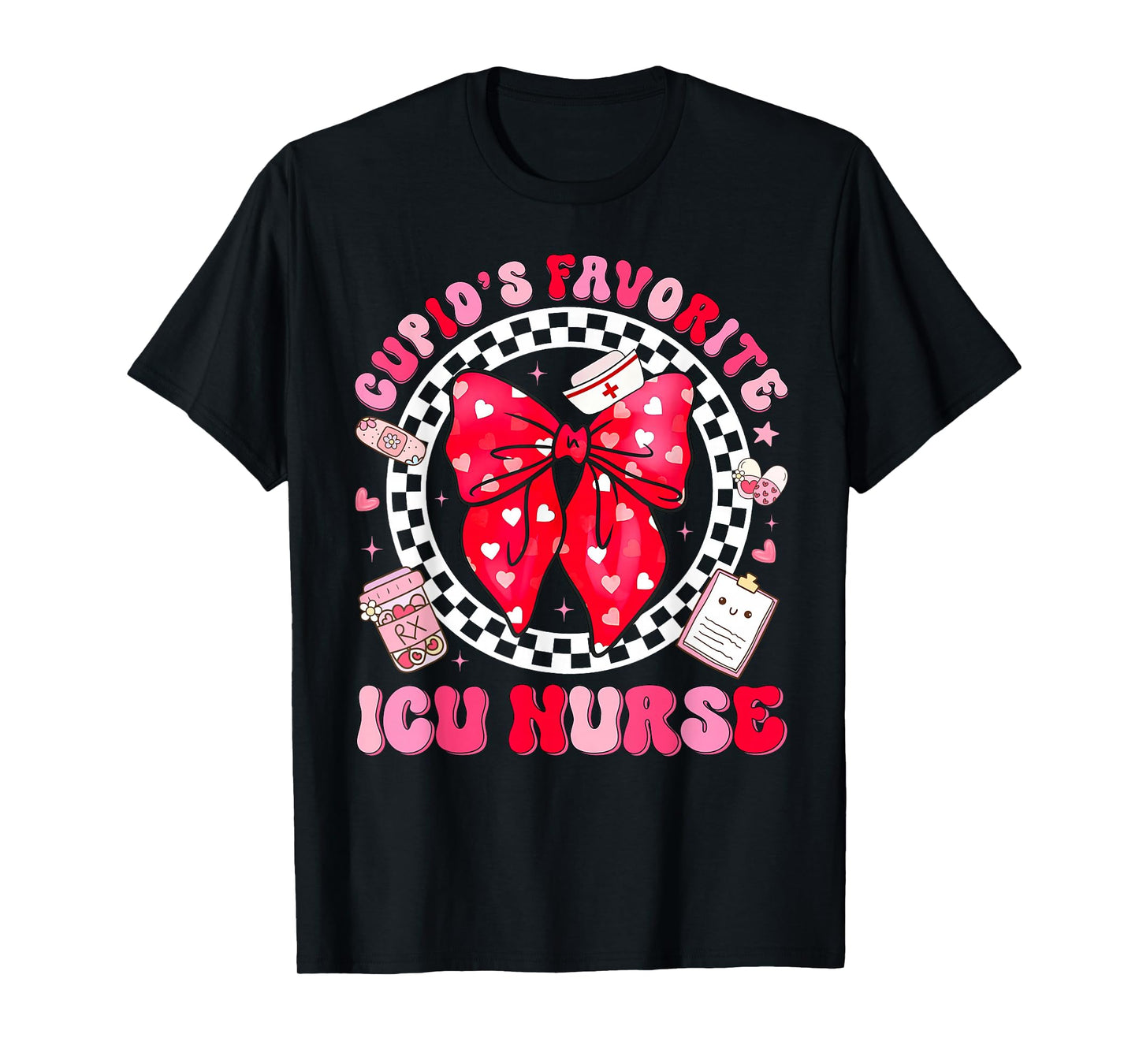 Cupid's Favorite ICU Nurse Valentine Coquette Bow Girl Women T-Shirt