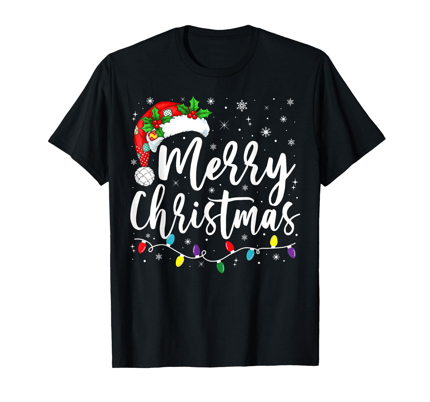 Merry Christmas Lights Santa Hat Xmas Family Matching Pajama T-Shirt