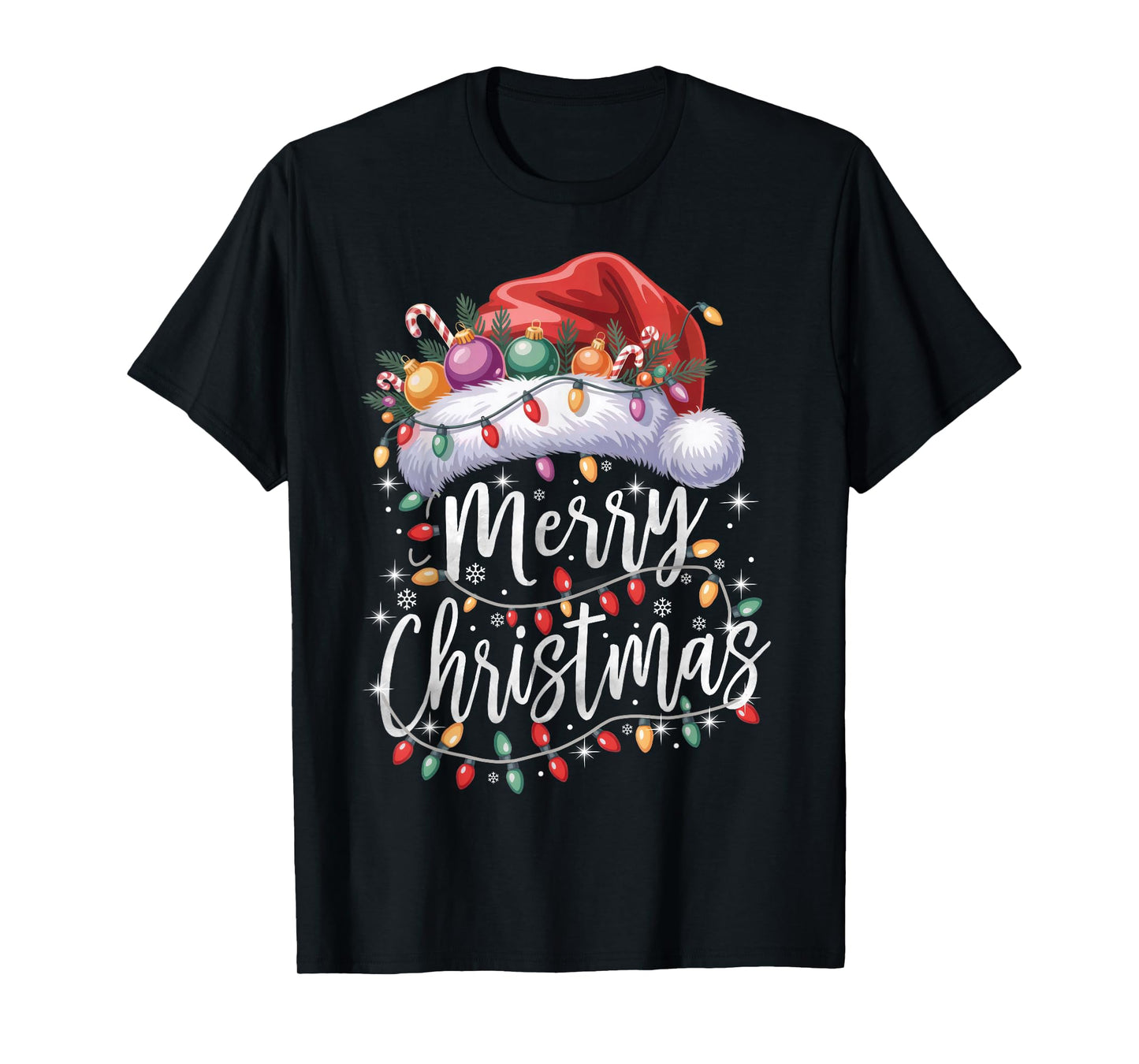 Merry Christmas Lights Red Santa Hat Family Matching Xmas T-Shirt