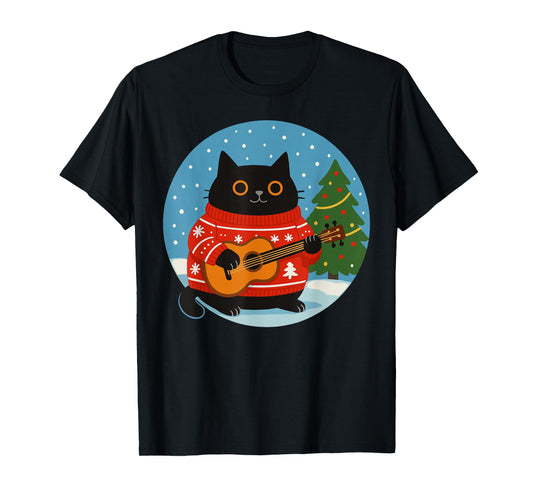 Meowy Christmas Guitar Player Men Women Kids Cat Christmas T-Shirt
