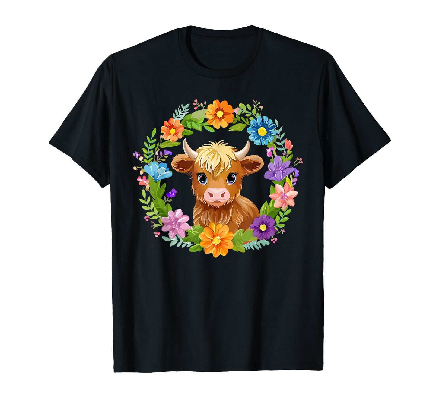 Highland Cow Flowers Wreath Floral Farm Scottish Country T-Shirt