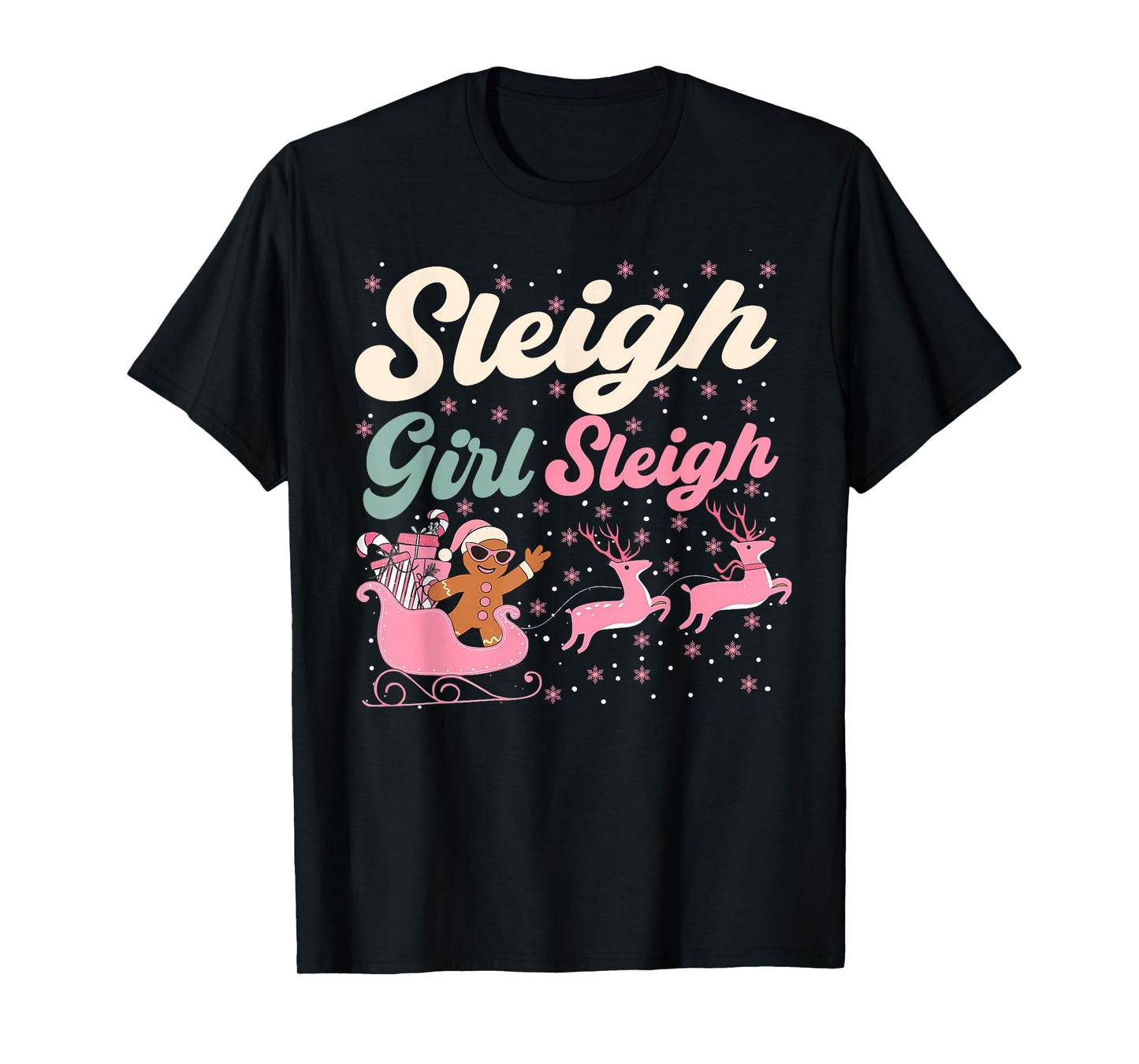 Christmas Gingerbread Pink Sleigh Girl Xmas Girls Kids Women T-Shirt