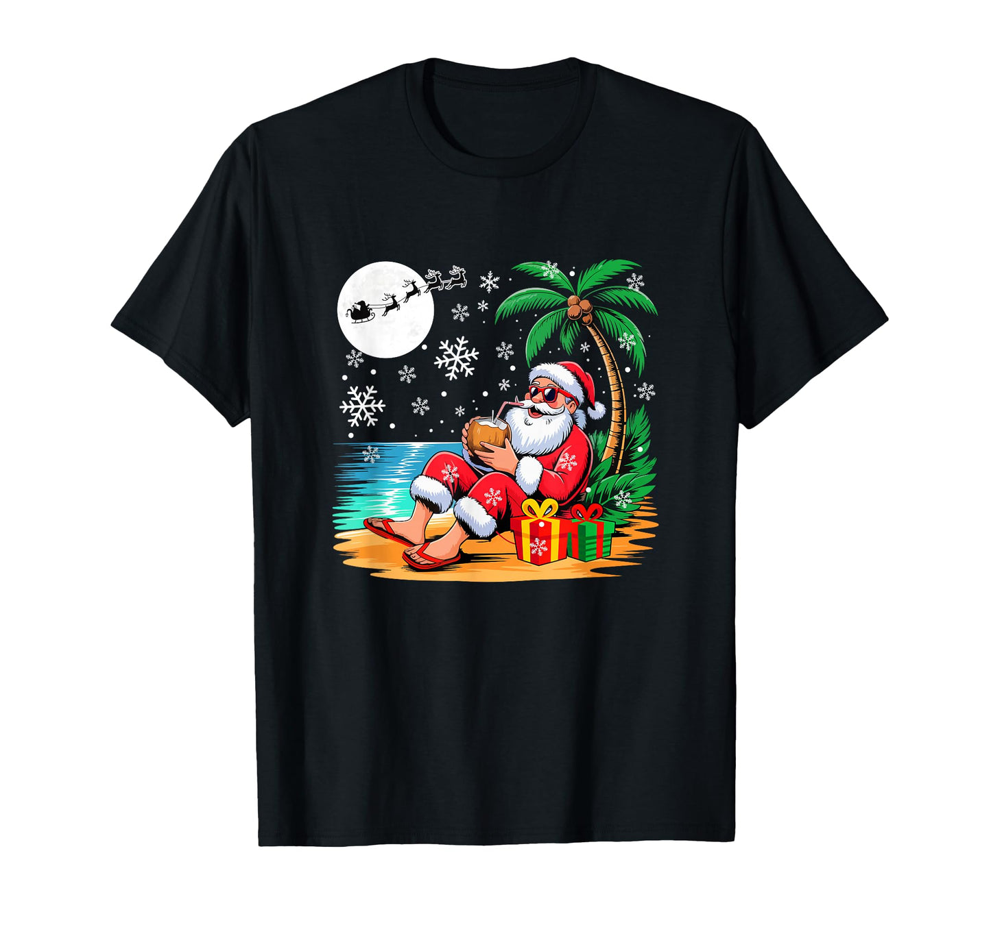 Funny Santa Sunglasses Drinking Coconut On Beach Christmas T-Shirt