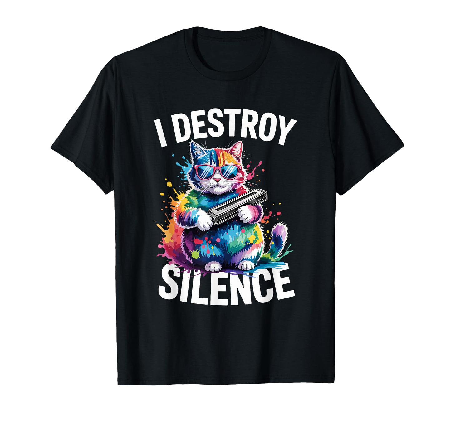 I Destroy Silence Rainbow Cat Harmonica Music T-Shirt