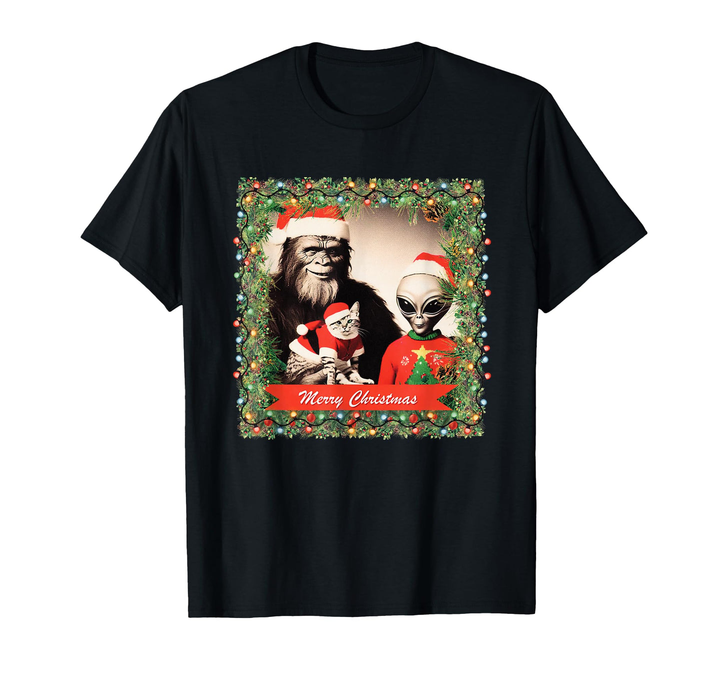 Funny Christmas Cat Bigfoot Alien Christmas Supernatural T-Shirt