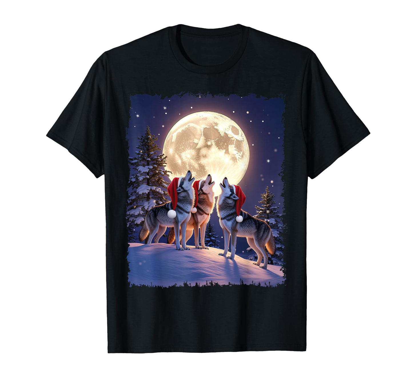Wolf Christmas Funny 3 Wolf Howling Moon Santa Hat T-Shirt
