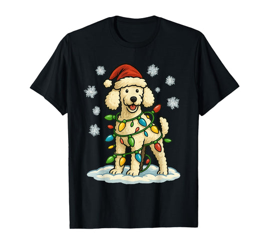 Christmas Lights Wrapped On Cute White Poodle Fun Dog Lover T-Shirt