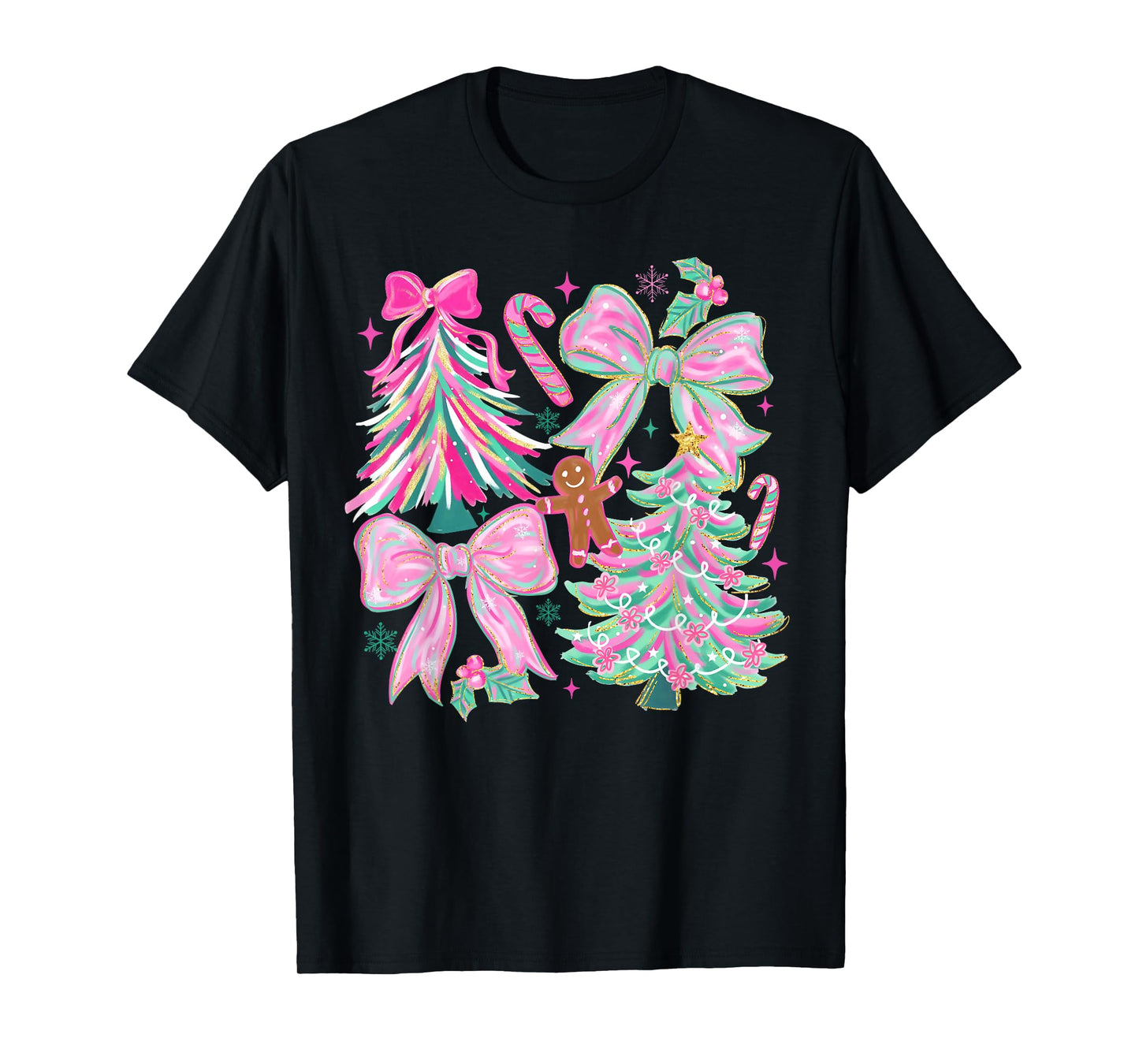 Merry Christmas Xmas Trees Coquette Bow Gingerbread Holiday T-Shirt