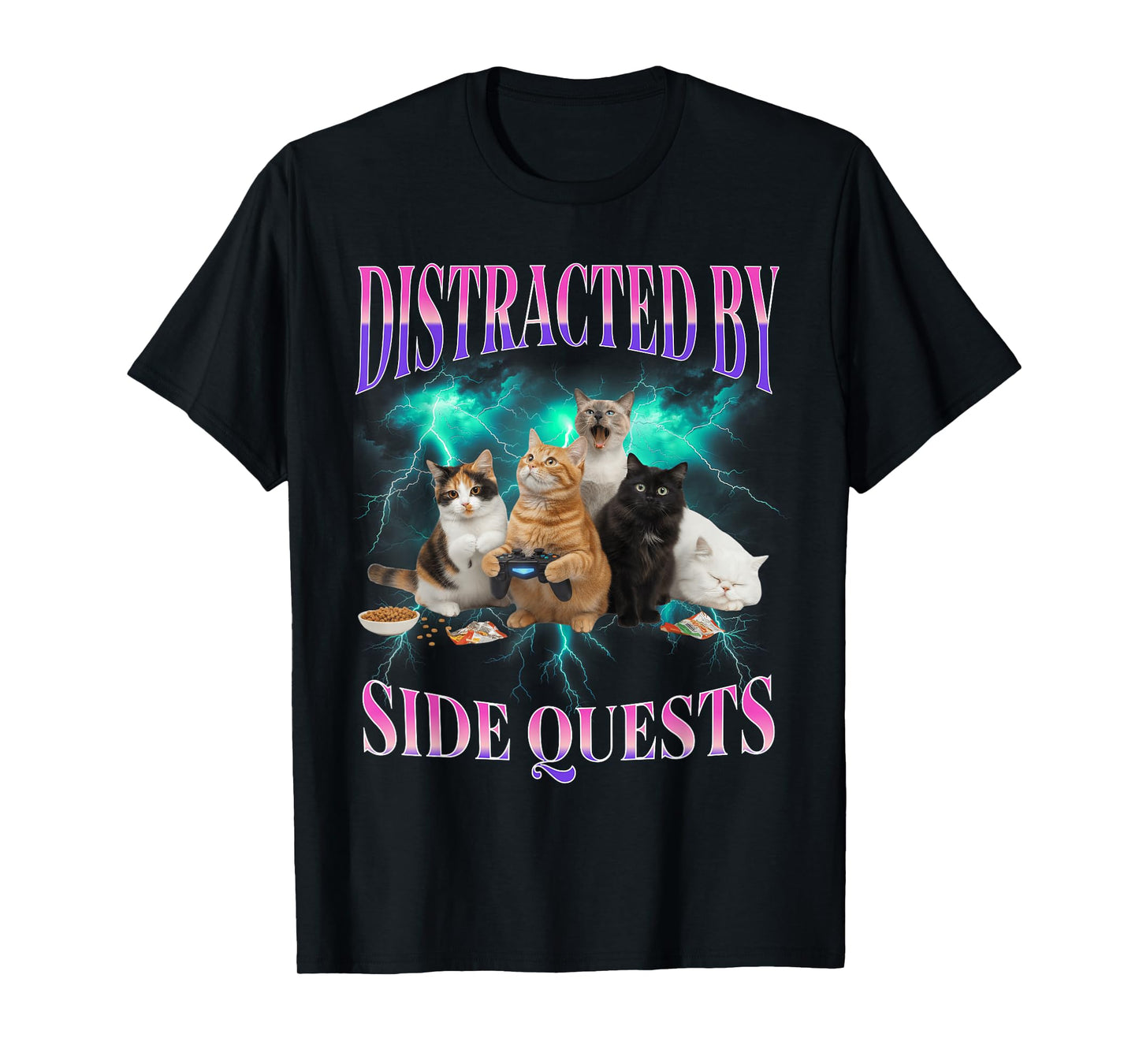 Cats Side Quest Distracted Tabletop Funny Men Bootleg 90s T-Shirt