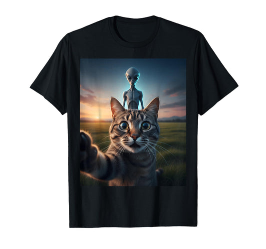 Cat Selfie with Alien on The Back Funny for Kids Teens Adult T-Shirt
