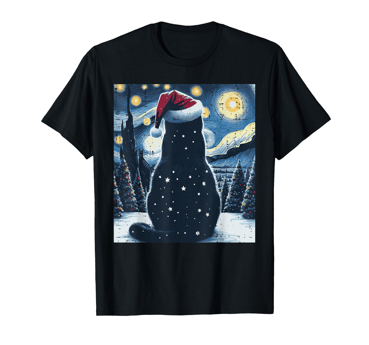Christmas Black Cat Starry Night Xmas Van Gogh Men Women Kid T-Shirt