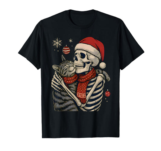 Skeleton Hugging Cat Funny Gothic Christmas Catmas Women Men T-Shirt