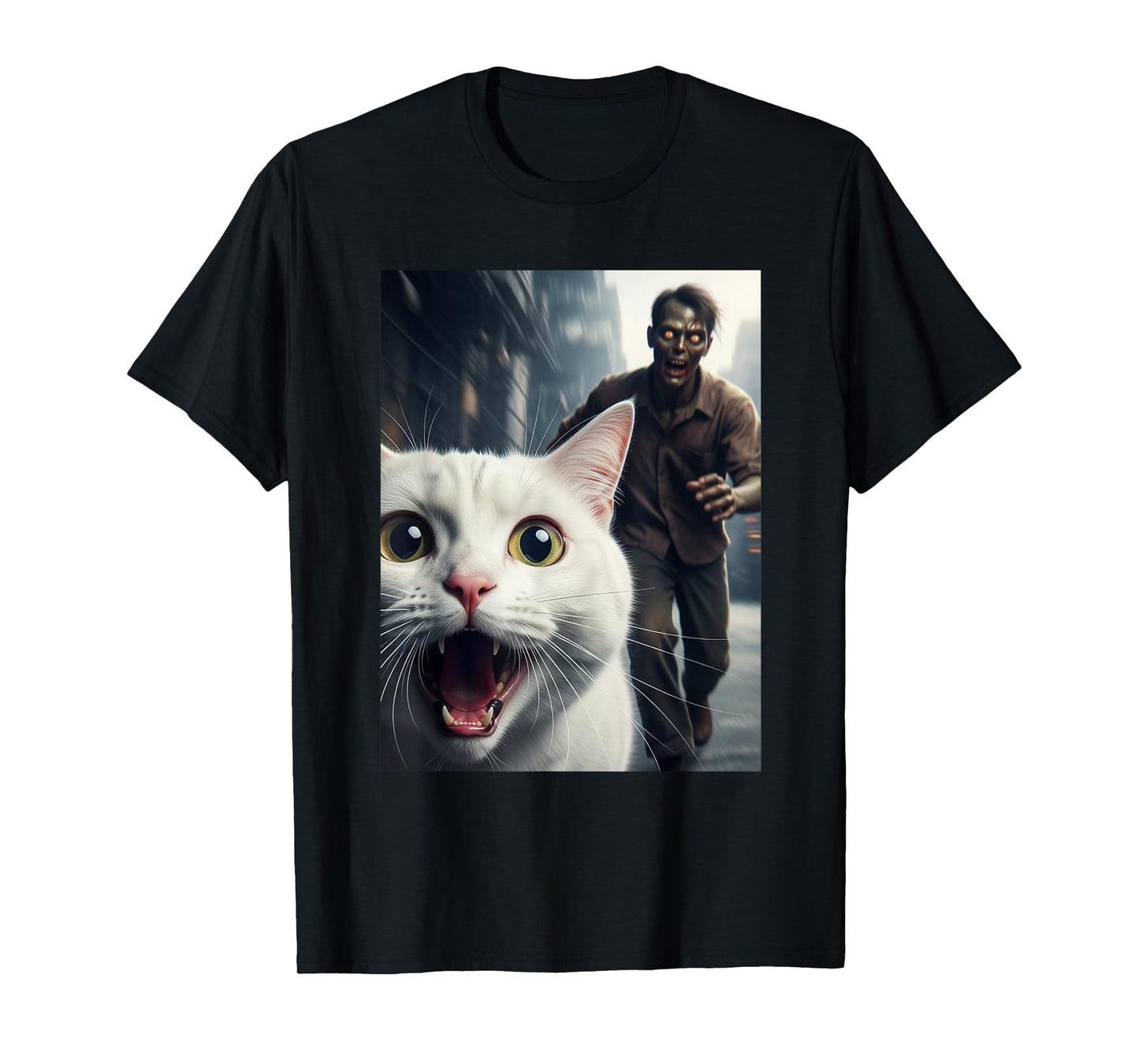 White Cat Selfie with Zombie Funny Pet Owner Graphic T-Shirt