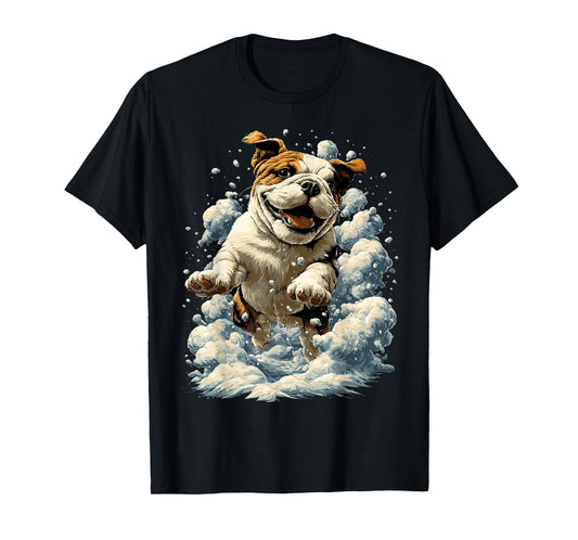 British Bulldog with Snow and Snowflakes Snowy Winter Dog T-Shirt