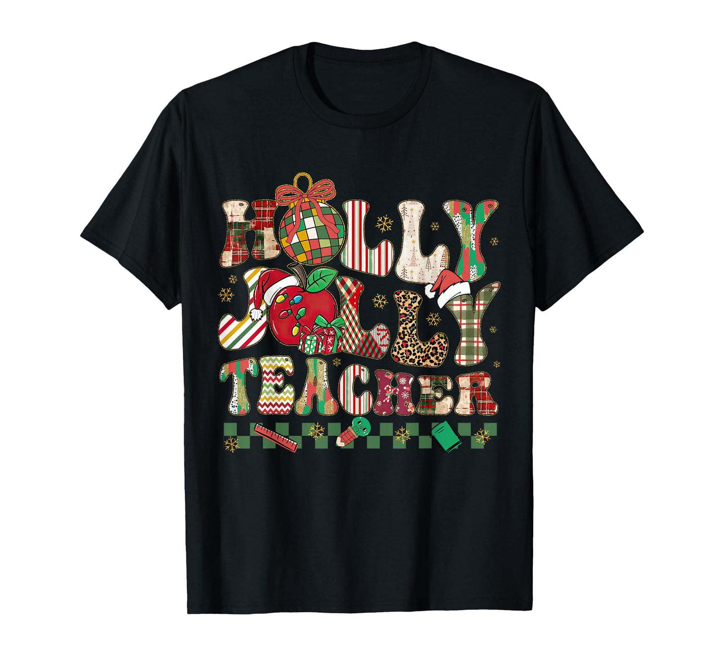 Holly-Jolly Teacher Christmas Patchwork Xmas Teaching Women T-Shirt