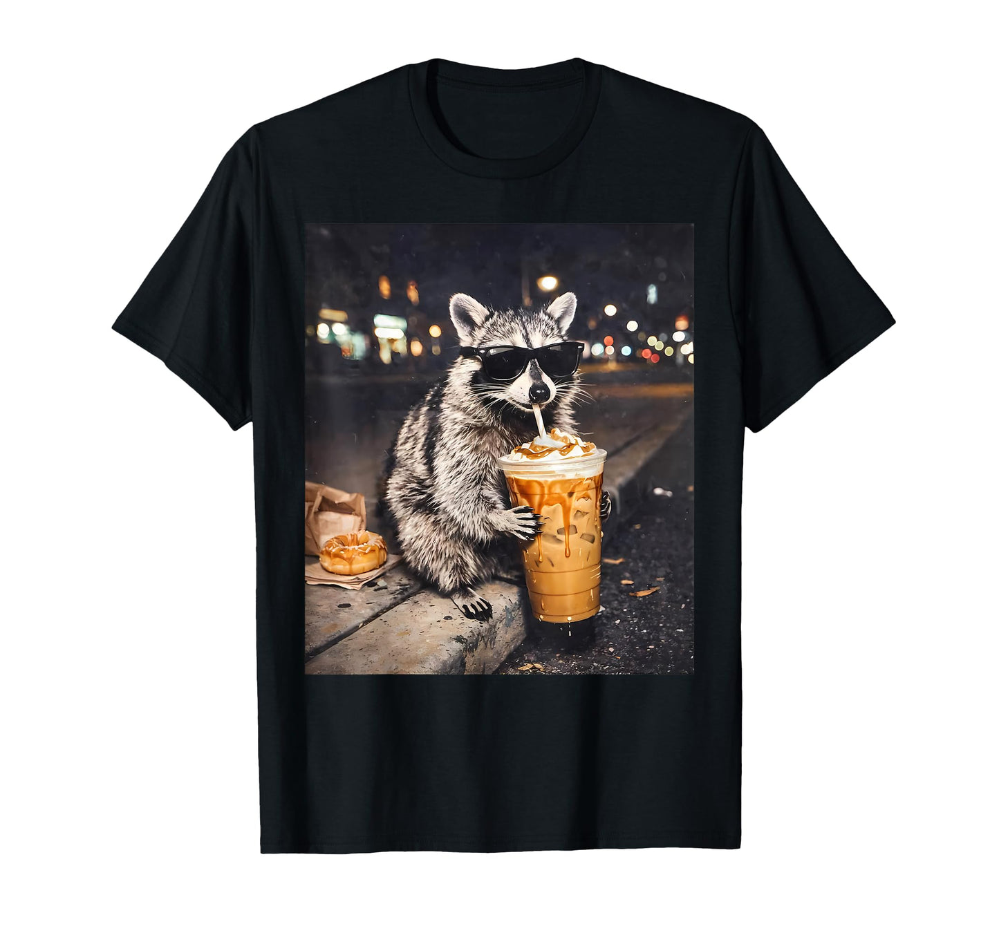 Cool Raccoon Drinking Iced Coffee Animal Meme Graphic T-Shirt