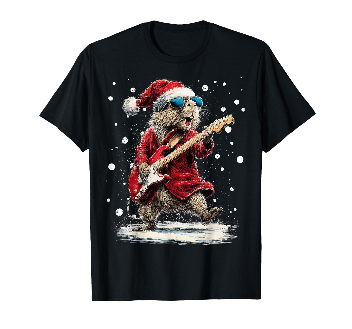 Christmas Capybara Playing Guitar Funny Musician Animal T-Shirt