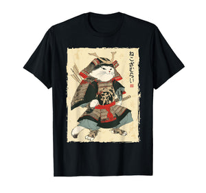 Samurai Cat Japanese Ukiyo-e Style Warrior Art T-Shirt