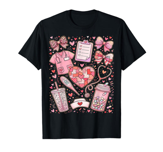 Pink Healthcare ER RN CNA ICU Valentine Nurse Heart Nurses T-Shirt