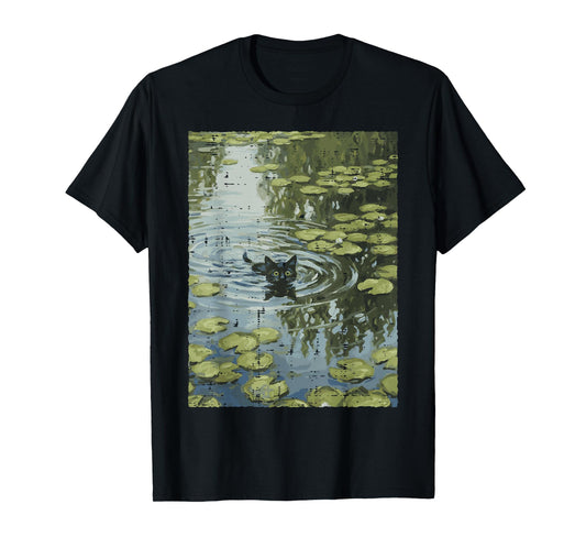 Black Cat Monet Water Lilies Kitten Painting Women Men Kids T-Shirt