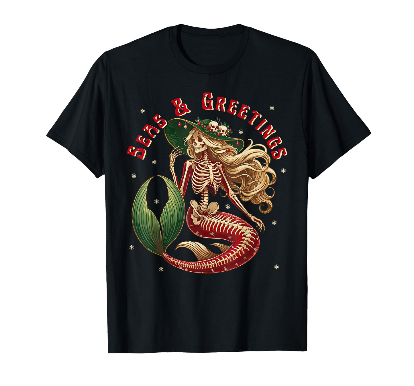 Skeleton Mermaid Christmas Gothic Coastal Beach Vibes Xmas T-Shirt