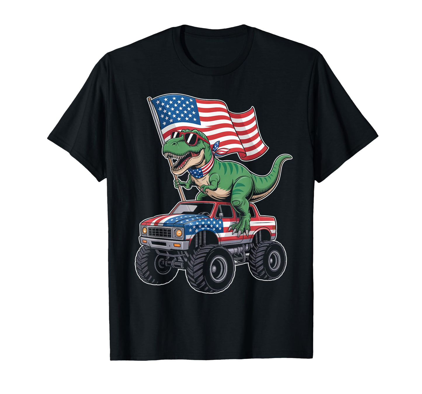 American USA Flag Dino Trex Monster Truck Dinosaur T-Shirt