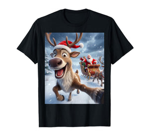 Funny Reindeer Selfie Santa Merry Christmas for Kids Xmas T-Shirt
