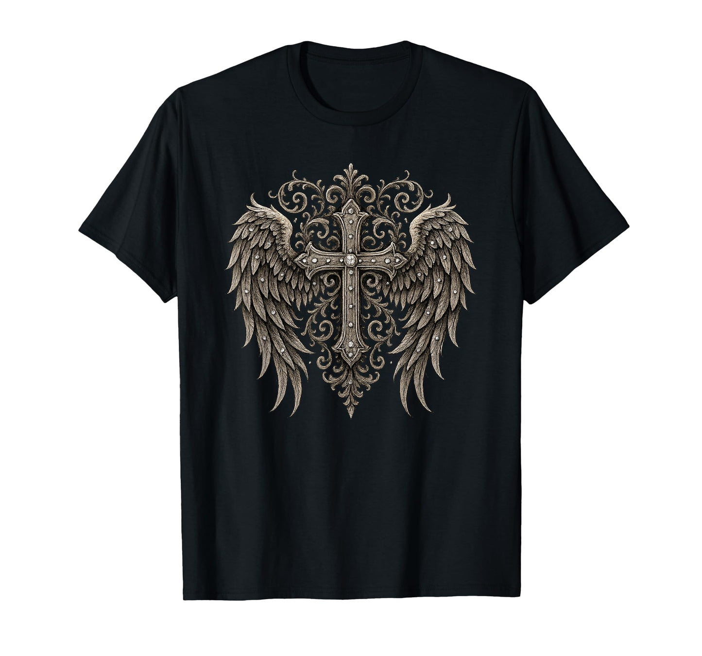 Ornate Cross with Angel Wings - Vintage Christian Faith Embl T-Shirt