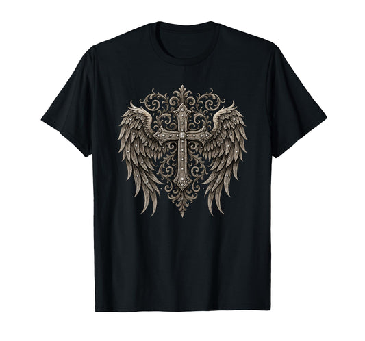 Ornate Cross with Angel Wings - Vintage Christian Faith Embl T-Shirt