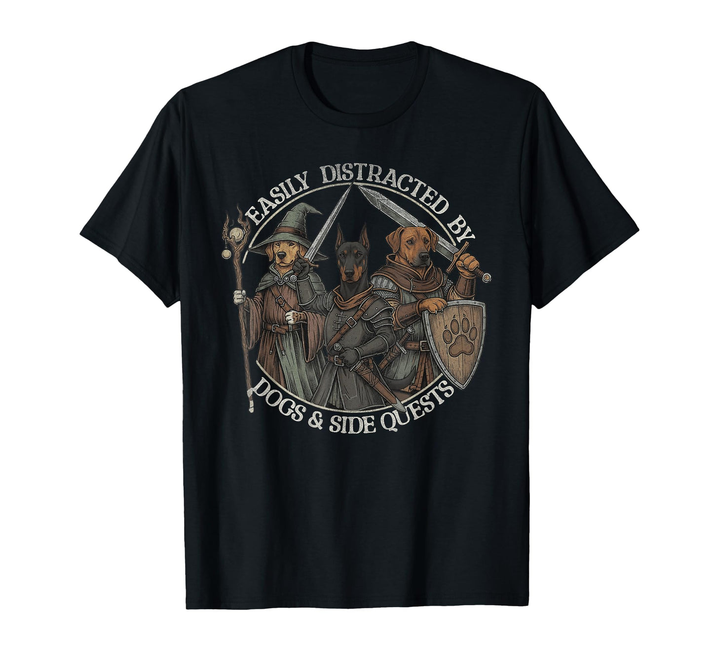 Easily Distracted by Dogs and Side Quests Vintage Gamer T-Shirt