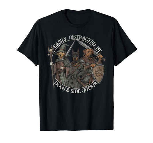 Easily Distracted by Dogs and Side Quests Vintage Gamer T-Shirt