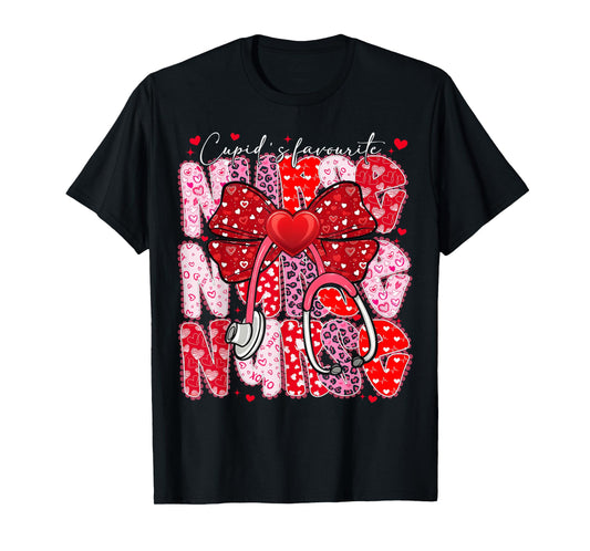 Cupid's Favorite Nurse Valentine Girl Women Coquette Bow T-Shirt