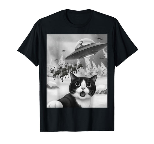 Tuxedo Cat UFO Alien Reindeer Christmas Air Selfie T-Shirt