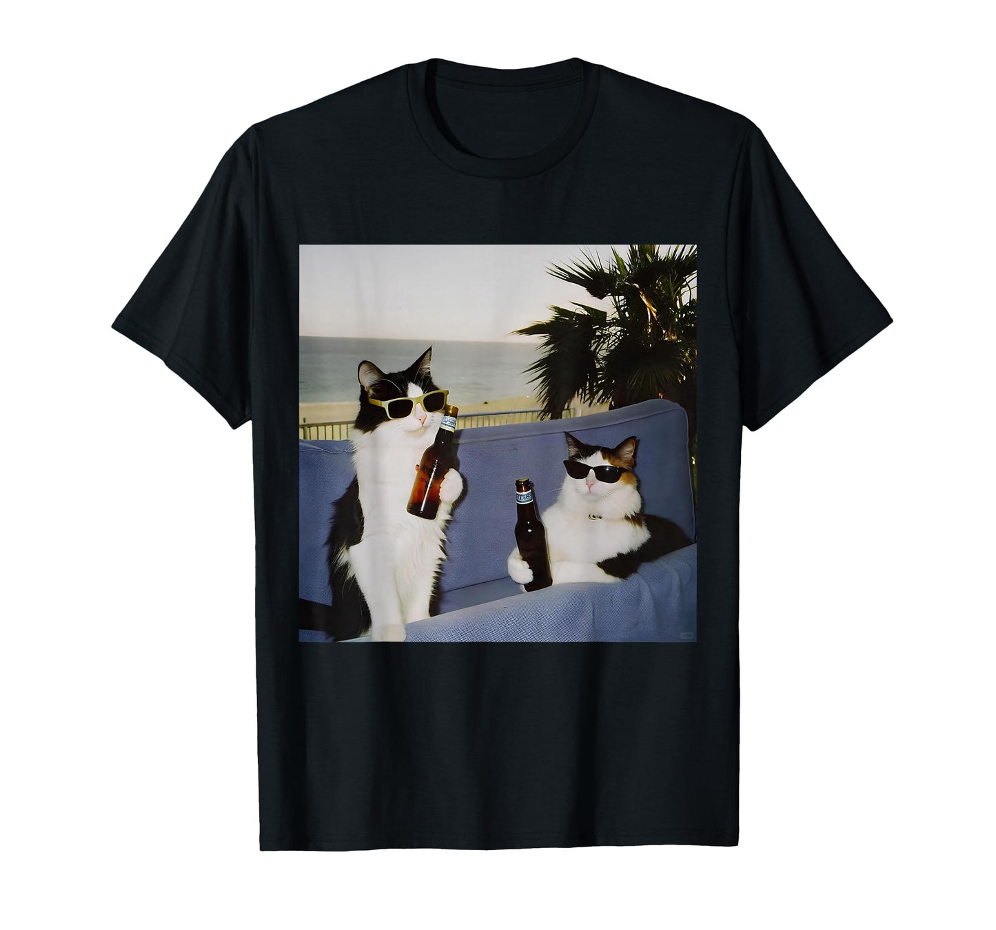 Vintage Cool Sunglasses Cat Drinking Beer Cat Meme Cat Lover T-Shirt