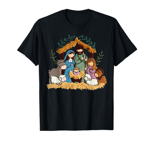 Nativity Scene Jesus Birth Christian Christmas Xmas Crochet T-Shirt
