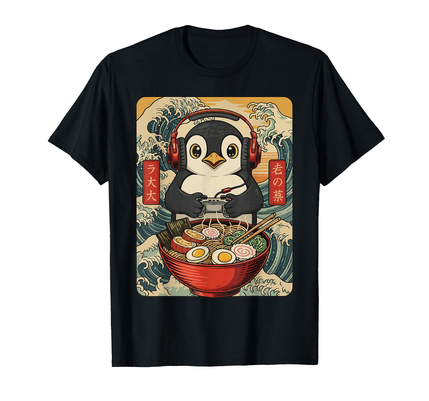 Cute Kawaii Gamer Penguin Japanese Ramen Gaming Boys Kids T-Shirt