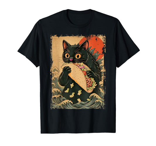Funny Black Cat Eating Tacos Retro Japanese Anime Teens Kids T-Shirt