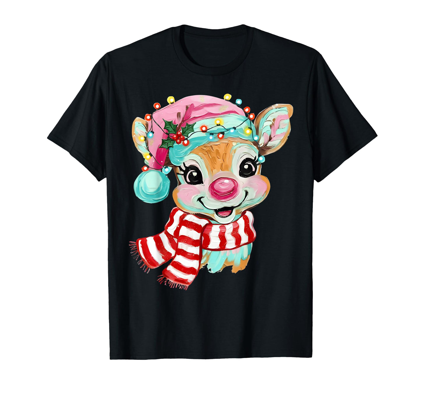 Reindeer Face Merry Christmas Girl Women Kid Painting T-Shirt