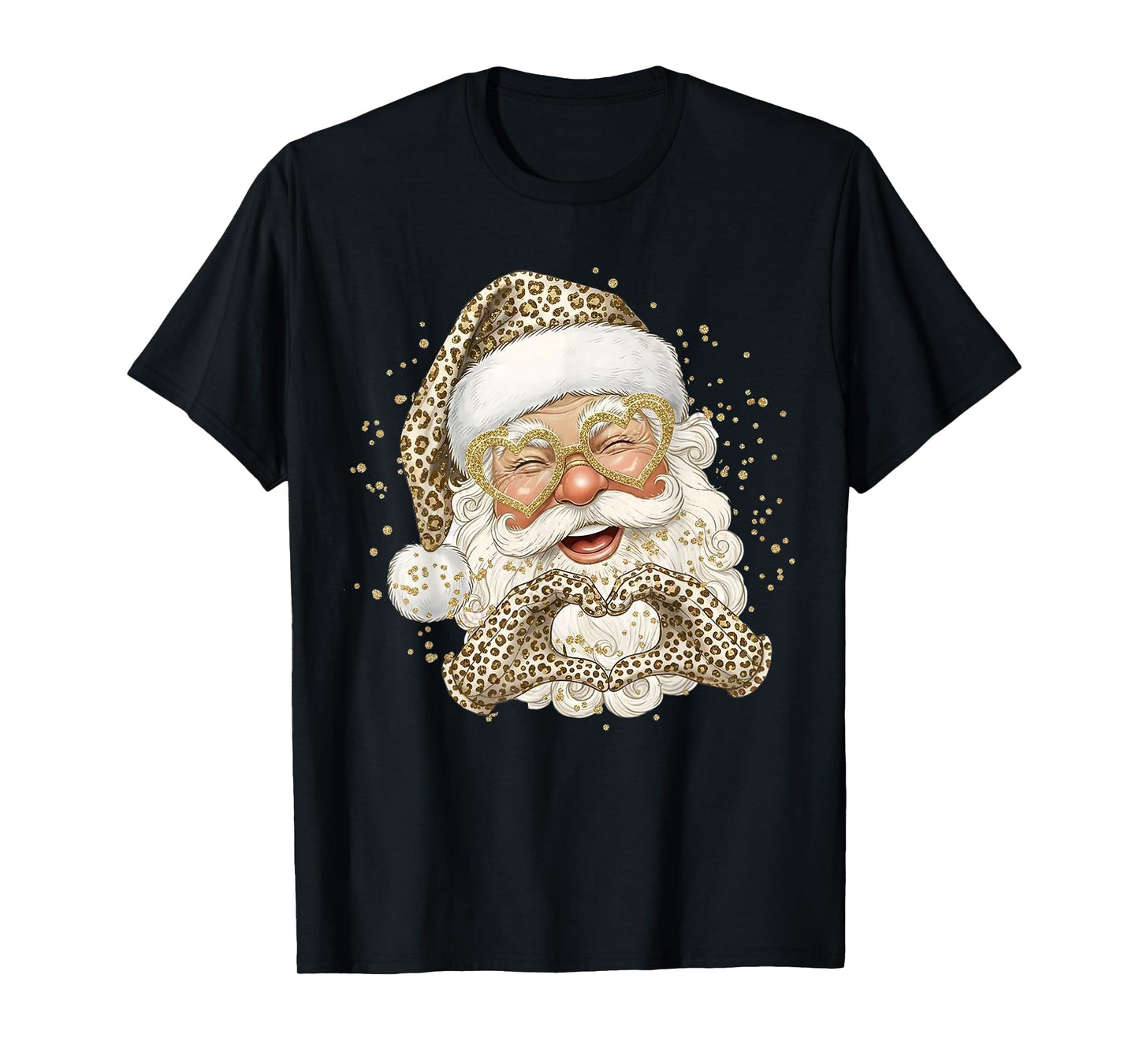 Leopard Santa with Heart Hands Glasses Christmas Holiday T-Shirt