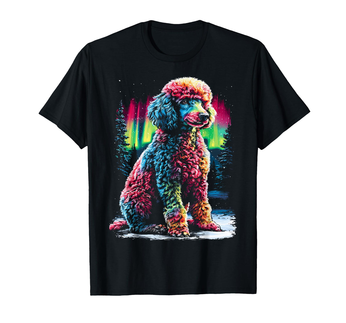 Colorful Poodle Dog Aurora Borealis Winter Forest Graphic T-Shirt
