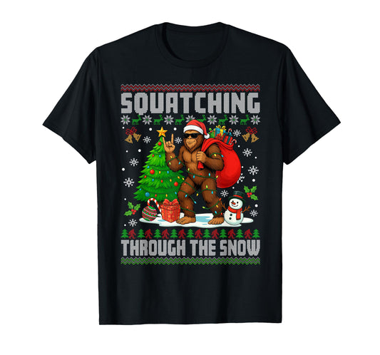 Squatching Through The Snow Bigfoot Lovers Ugly Christmas T-Shirt