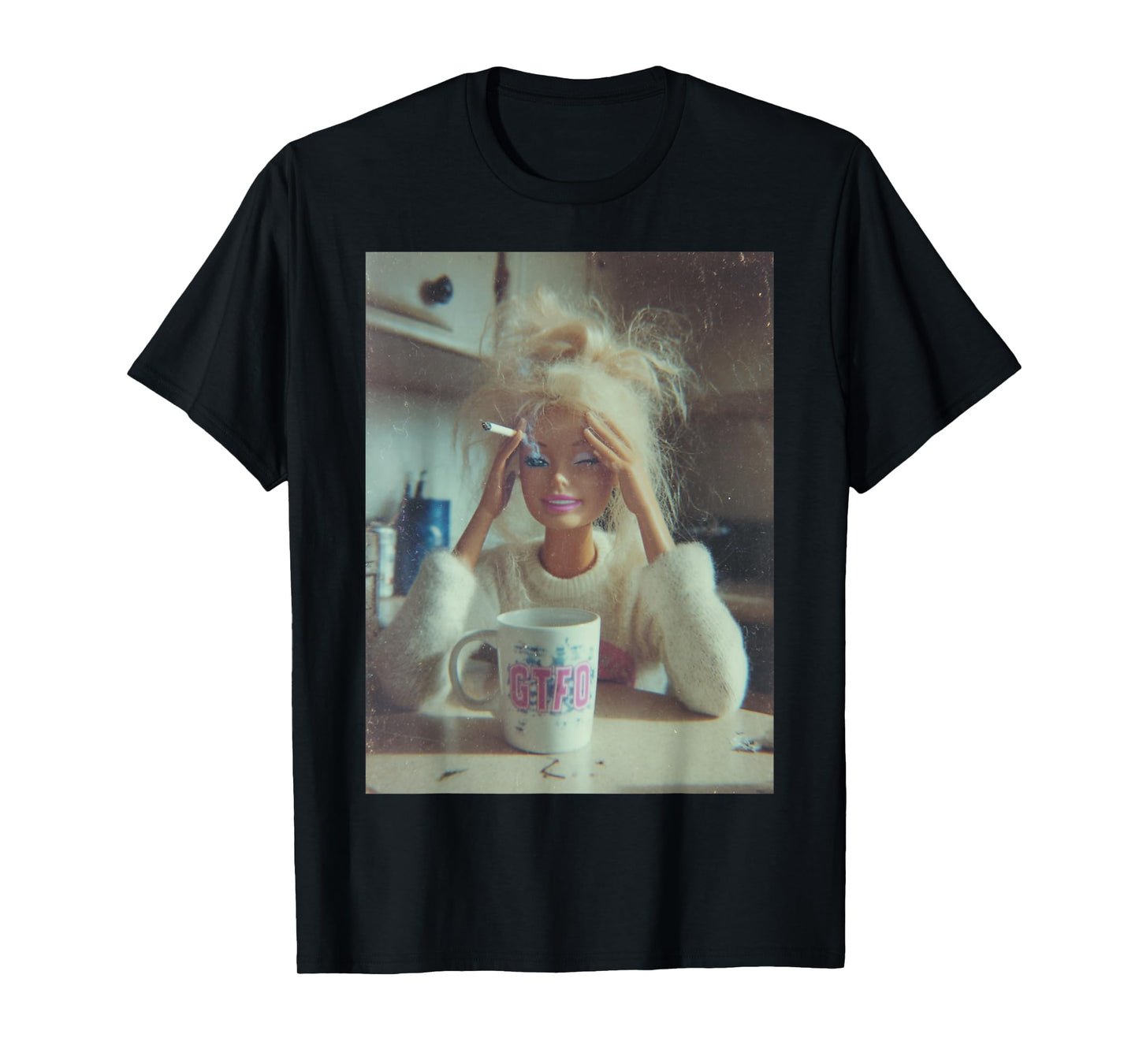 Funny Distressed Doll Face Meme Smoking Sarcastic Humor Gift T-Shirt