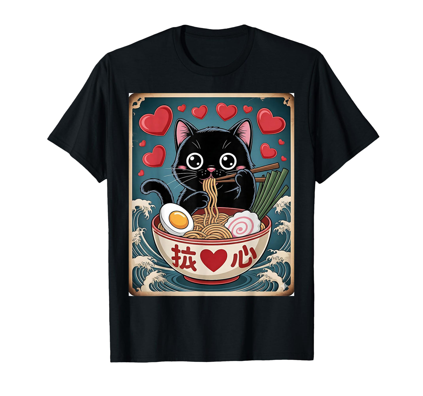 Cute Ramen Cat Valentine Heart Japanese Food Boy Girls Teens T-Shirt