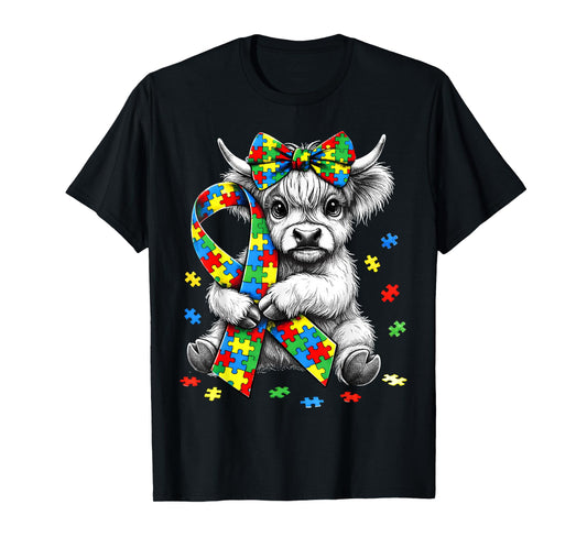Highland Cow Autism Awareness Puzzle Ribbon Coquette Bow T-Shirt