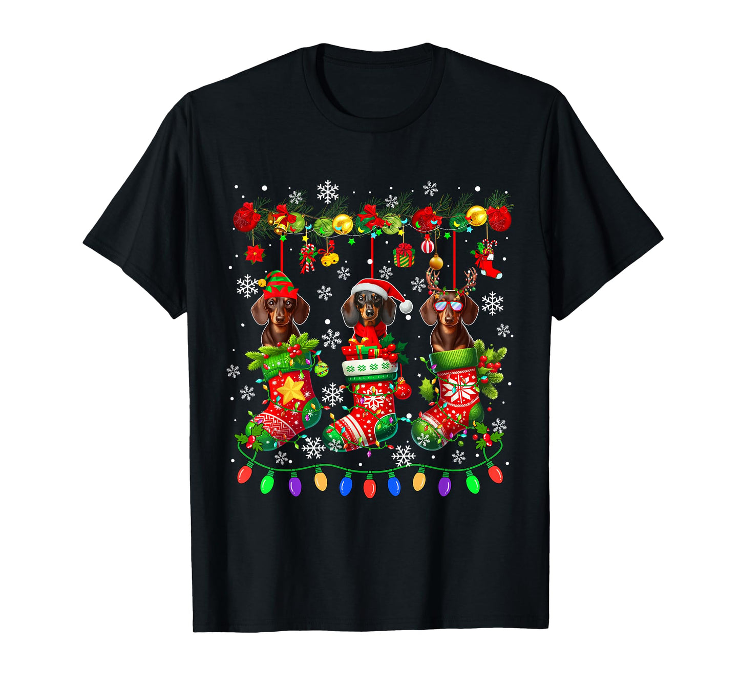 Three Santa Elf Dachshunds in Colorful Christmas Socks Owner T-Shirt