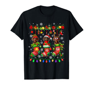 Three Santa Elf Dachshunds in Colorful Christmas Socks Owner T-Shirt