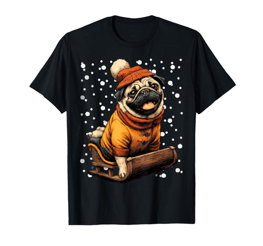 Cute Christmas Pug Sledding in Snow Funny Winter Snowy Dog T-Shirt