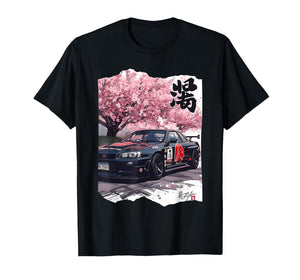 Vintage JDM Drift Race Car Kanji Sakura Flower Blossom Art T-Shirt